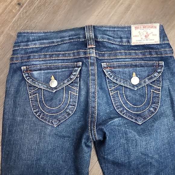 True Religion Blue Flare Wide Leg Stretch Jeans sz 27 Hemmed 28in - Picture 9 of 10